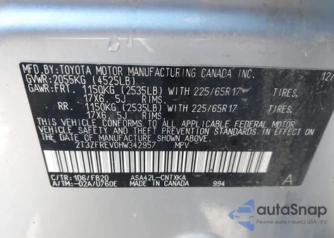 2017 Toyota Rav4 Le из США, поврежденный, VIN 2T3ZFREV0HW342957